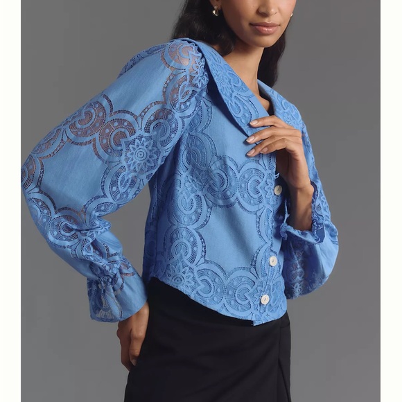 Maeve Long-Sleeve Collared Flower-Button Lace Blouse - Picture 1 of 3
